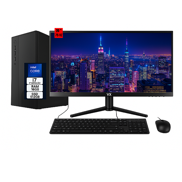 Computador Completo Intel Core i7 4ª Geração | 16GB RAM | SSD 512GB | Monitor 20” | 75Hz