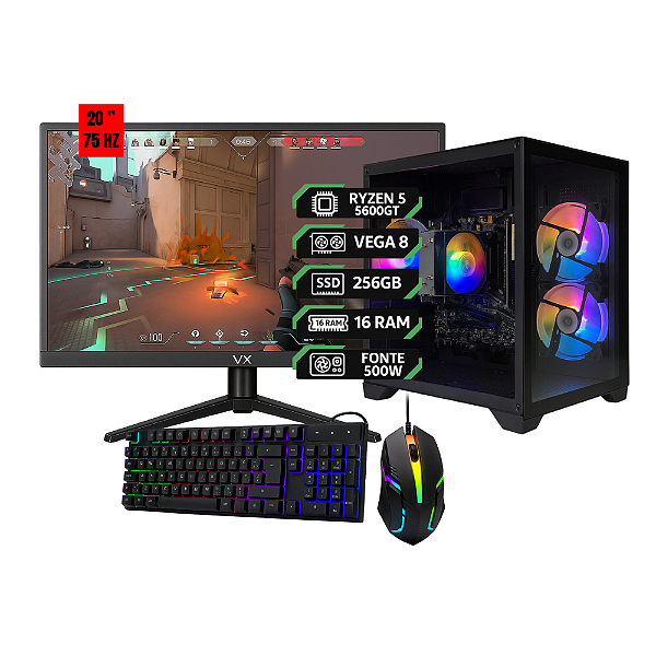 PC Gamer Ryzen 5 5600GT | Vega 7 | 16GB RAM | SSD 256GB | Fonte 500W | Monitor 20” 75Hz
