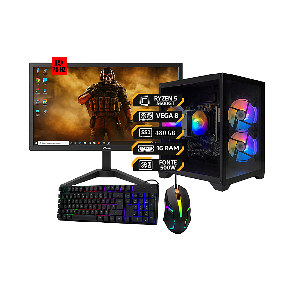 PC Gamer Ryzen 5 5600GT | Vega 7 Integrada | 16 GB RAM | SSD 512 GB | Fonte 500 W | Monitor 20” 75 Hz