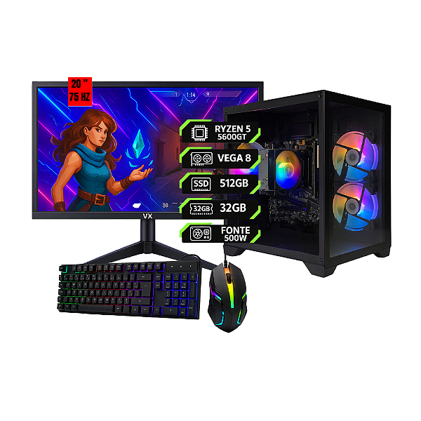 PC Gamer Ryzen 5 5600GT | Vega 7 Integrada | 32 GB RAM | SSD 512 GB | Fonte 500 W | Monitor 20” 75 Hz