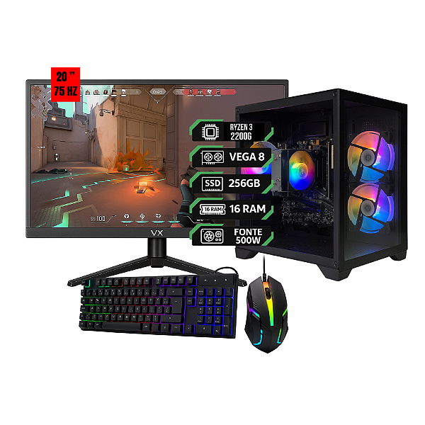 PC Gamer Ryzen 3 2200G | Vega 8 Integrada | 16 GB RAM | SSD 256 GB | Fonte 500 W | Monitor 20” 75 Hz