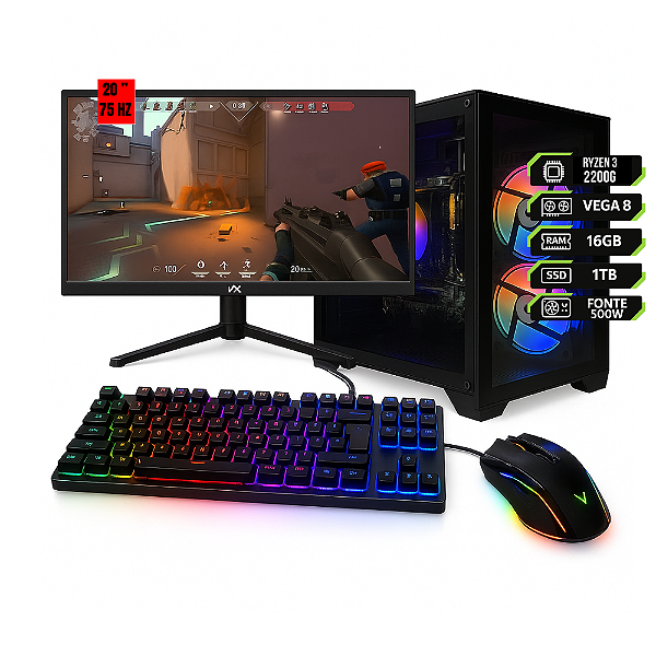PC Gamer Ryzen 3 2200G | Vega 8 Integrada | 16 GB RAM | SSD 1 TB | Fonte 500 W | Monitor 20” 75 Hz