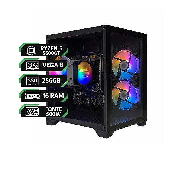 PC Gamer Ryzen 5 5600GT | Vega 7 Integrada | 16 GB RAM | SSD 256 GB | Fonte 500 W | Gabinete Black