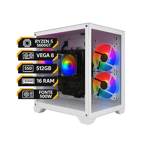 PC Gamer Ryzen 5 5600GT | Vega 7 Integrada | 16 GB RAM | SSD 512 GB | Fonte 500 W | Gabinete White