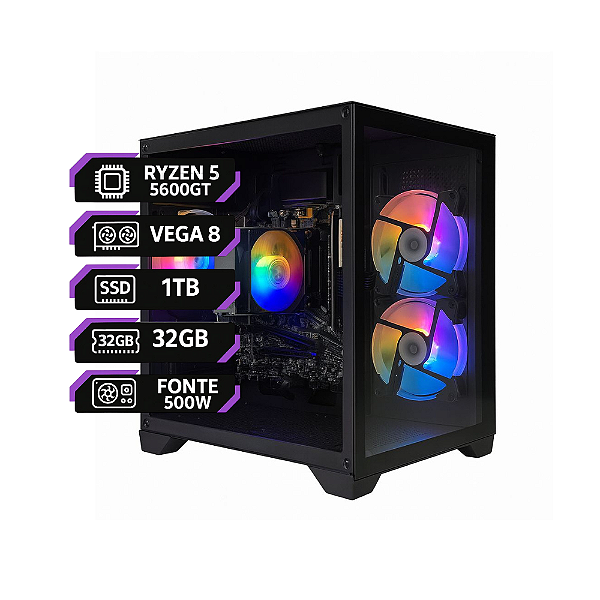 PC Gamer Ryzen 5 5600GT | Vega 7 Integrada | 32 GB RAM | SSD 1 TB | Fonte 500 W | Gabinete Black