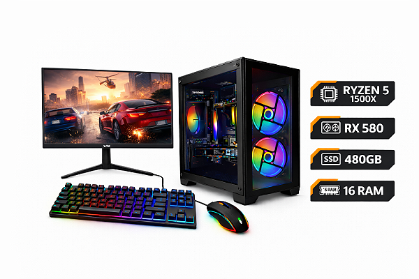 PC Gamer Completo Ryzen 5 1500X | RX 580 8GB | 16GB RAM | SSD 480GB | Monitor 19”