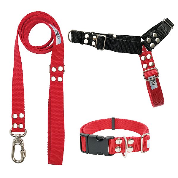 Kit Peitoral Anti Puxão para Cães com Guia e Coleira – Nylon Resistente Vermelho e Preto | FRIP’S