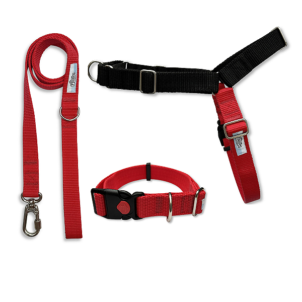 Kit Peitoral Anti Puxão para Cães com Guia e Coleira – Nylon Resistente Vermelho e Preto | FRIP’S