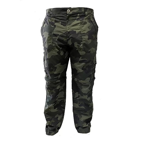 Calça de pesca Presa Viva Vira Bermuda 08 Bolsos C/ Zíper Poliamida Camuflado Verde  G
