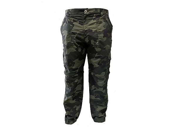 Calça de pesca Presa Viva Vira Bermuda 08 Bolsos C/ Zíper Poliamida Camuflado Verde GG