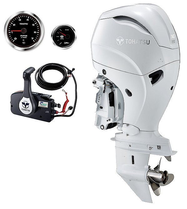 MOTOR DE POPA TOHATSU MFS140AWETL – 140 HP 4 TEMPOS BRANCO COM COMANDO À DISTÂNCIA, PARTIDA ELÉTRICA, RABETA LONGA E POWER TRIM - PREÇO P. RURAL E PJ