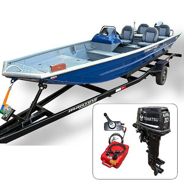 Barco Tornado 550 BASS SD com Tohatsu 30 HP 2T partida elétrica e comando original preço PJ + Carreta Rod. + Acessórios de navegação montados - Pronta Entrega