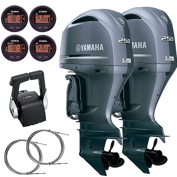 Parelha Motor de Popa Yamaha 2X 250 HP 4 Tempos LETX Cinza 25" Pol. Comando Top Duplo Mecânico - Preço especial Produtor Rural e PJ