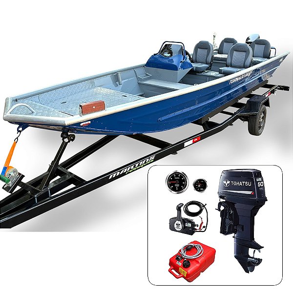 Barco Tornado 550 BASS SD com Tohatsu 50 HP 2T rabeta 15" Power Trim partida elétrica e comando original preço PJ + Carreta Rod. + Acessórios de navegação montados - Pronta Entrega