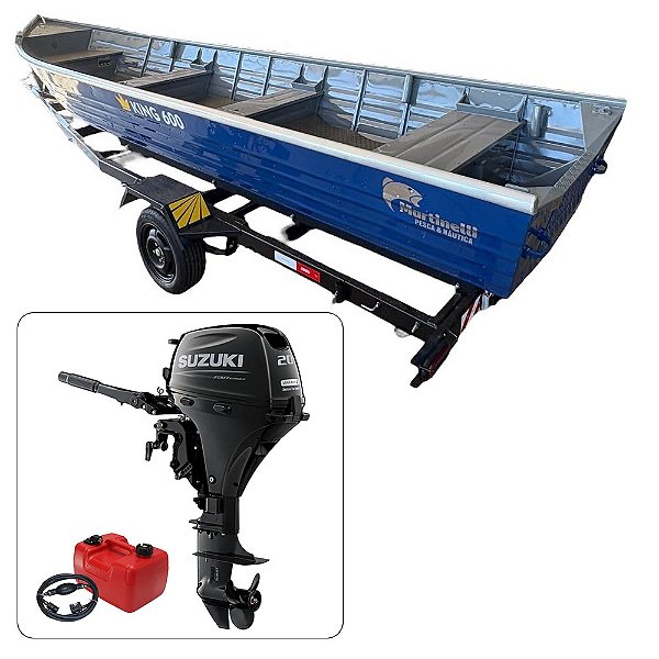 Barco de alumínio Martinelli King 600 + Motor de popa Suzuki 20 HP EFI 4T Partida Elétrica e Manche + carreta Rodoviária - Preço do motor para PJ