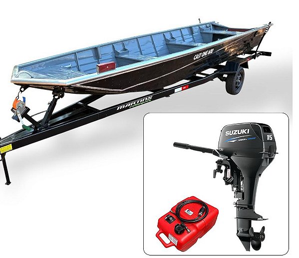 Barco de alumínio Cast One 500 + Motor de popa Suzuki 15 HP 2T com Manche - Fat. PJ + Carreta Rodoviária
