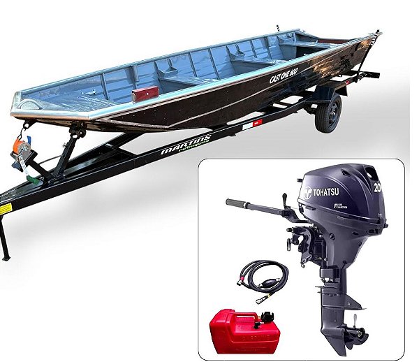 Barco de alumínio Cast One 550 + Motor de popa Tohatsu 20 HP 4T com Manche + Carreta Rodoviária
