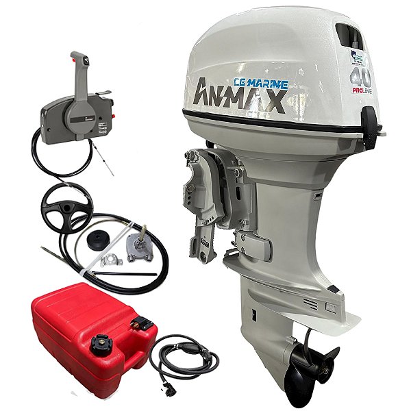 Motor de popa Anmax 40 HP 2T Part. Elétrica Power Trim Rabeta 15" + Kit Montagem Martinelli Direção e Comando - Preço PJ ou Produtor Rural