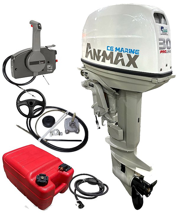 Motor de popa Anmax 30 HP 2T Part. Elétrica + Kit Montagem Martinelli Direção e Comando - Preço PJ ou Produtor Rural