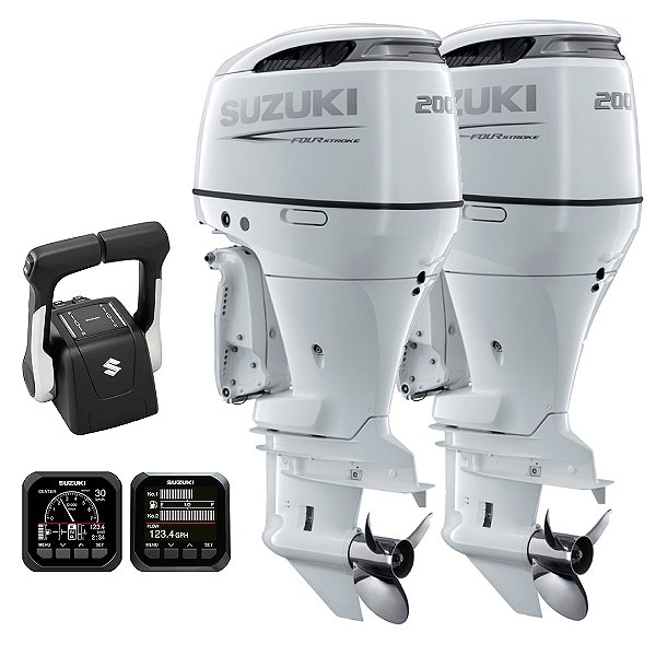 PARELHA 2X MOTOR DE POPA SUZUKI DF 200 HP 4T EFI V6 BRANCO RABETA 25" COMANDO TOP DUPLO HÉLICE INOX - PREÇO PJ - PRONTA ENTREGA FRETE GRÁTIS