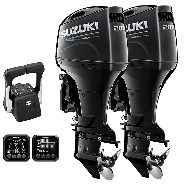 PARELHA 2X MOTOR DE POPA SUZUKI DF 200 HP A 4T EFI ATX-AZX RABETA 25" COMANDO TOP DUPLO HÉLICE INOX - PREÇO PJ - PRONTA ENTREGA FRETE GRÁTIS