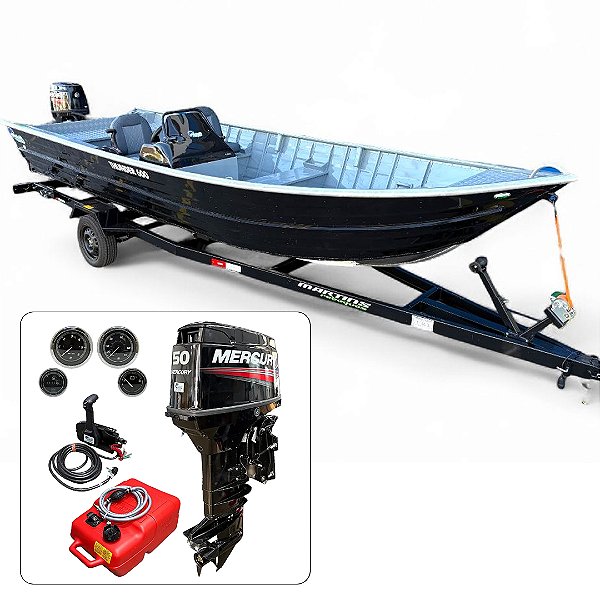 Barco Martinelli Thunder 600 + Mercury 50 hp ELPTO 2T Partida Elétrica Power Trim Fat. PJ + Carreta rodoviária e acessórios de navegação instalados