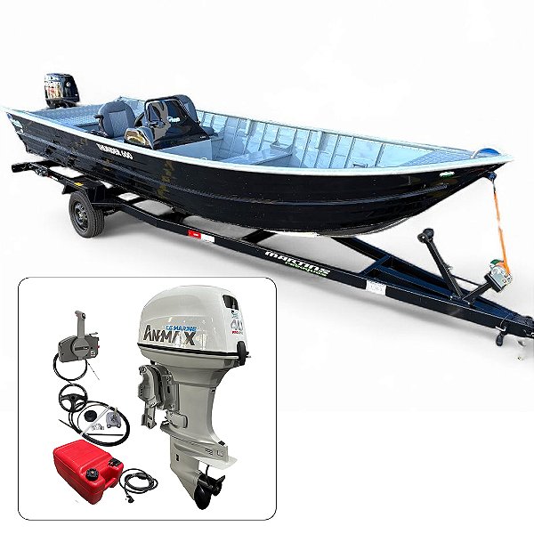 Barco Martinelli Thunder 600 + Anmax 40 HP 2T Rabeta 15" Power Trim Partida Elétrica Fat. PJ + Carreta rodoviária e acessórios de navegação instalados