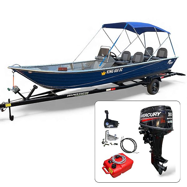 BARCO MARTINELLI KING 600 DC + MERCURY 30 HP 2T PARTIDA ELÉTRICA FAT. PJ + CARRETA RODOVIÁRIA E ACESSÓRIOS DE NAVEGAÇÃO INSTALADOS