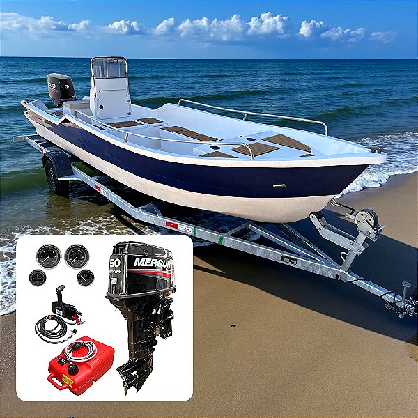 Barco de fibra Martinelli Xaréu 650 GT com Mercury 50 hp 2 tempos ELPTO Power Trim 20"+ Carreta Rodoviária Galvanizada + acessórios de navegação instalados - Preço motor para PJ ou Produtor Rural