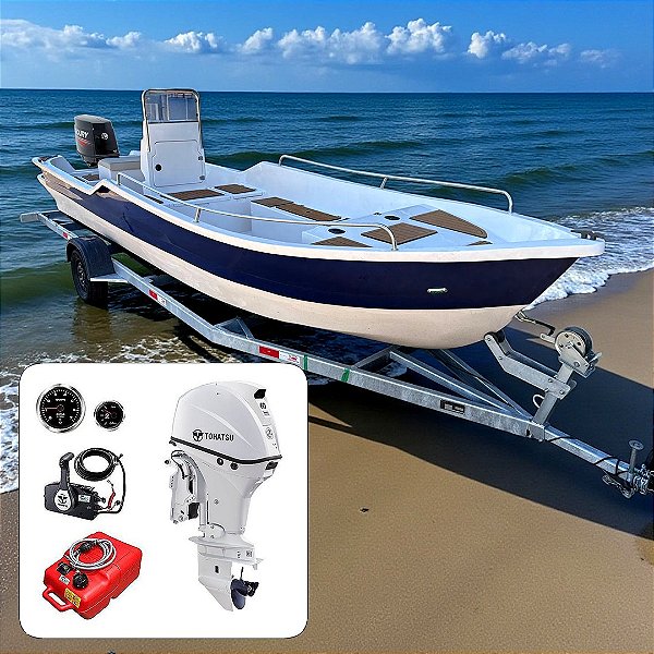 Barco de fibra Martinelli Xaréu 650 GT com Tohatsu 60 hp 4T Branco Power Trim 20"+ Carreta Rodoviária Galvanizada + acessórios de navegação instalados - Preço motor para PJ ou Produtor Rural