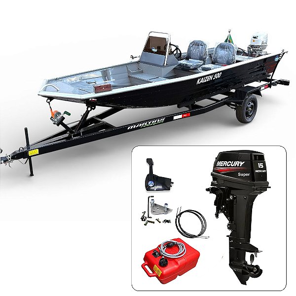 Barco Martinelli Kaisen 500 DC com motor Mercury 15 HP Super Part. Elétrica + Carreta Rodoviária - Preço do motor para PJ ou Produtor Rural.