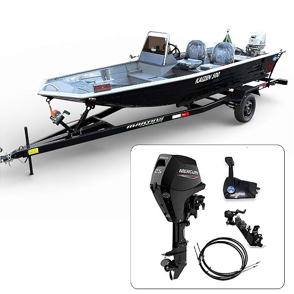 Barco Martinelli Kaisen 500 DC com motor Mercury 25 HP 4T Part. Elétrica + Carreta Rodoviária - Preço do motor para PJ ou Produtor Rural.