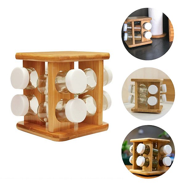 Porta Temperos Bambu 9 Peças Vidro Base Giratória - Yoi