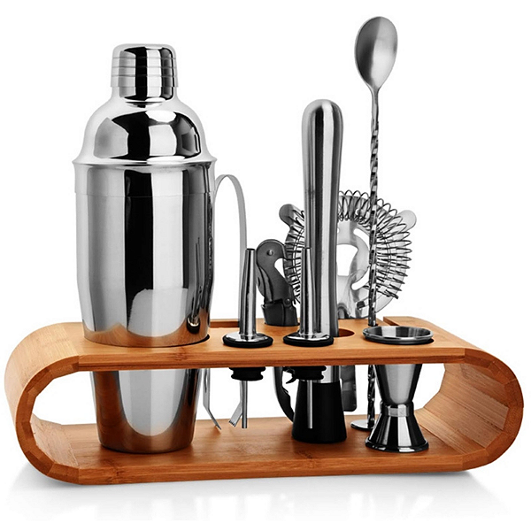 Kit Bar Aço Inox Suporte De Madeira Drinks Bartender
