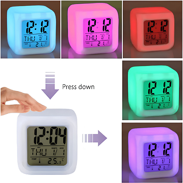 Relógio Cubo Luz LED Cores Despertador Data e Termômetro