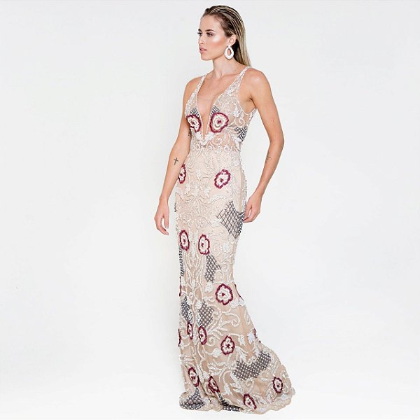 vestido longo prata bordado