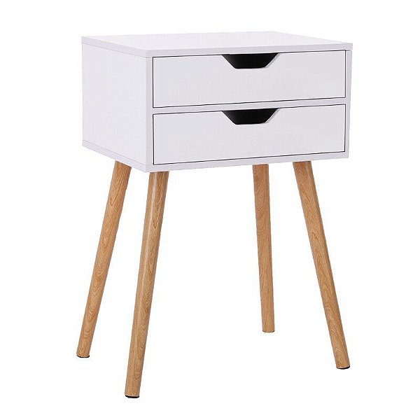 Criado mudo com duas gavetas na cor branca e base em pés de madeira
