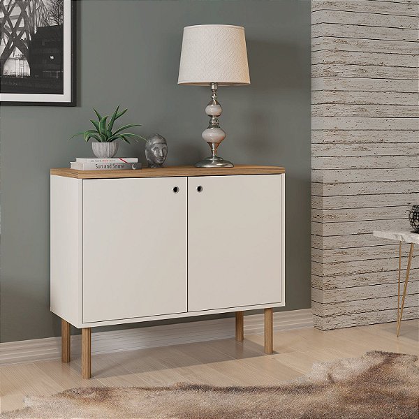 Armário aparador com duas portas e prateleiras pés em madeira e estrutura em MDF