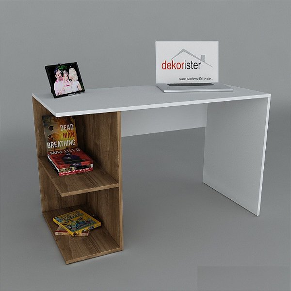 Escrivaninha reta sem gavetas, com prateleira lateral