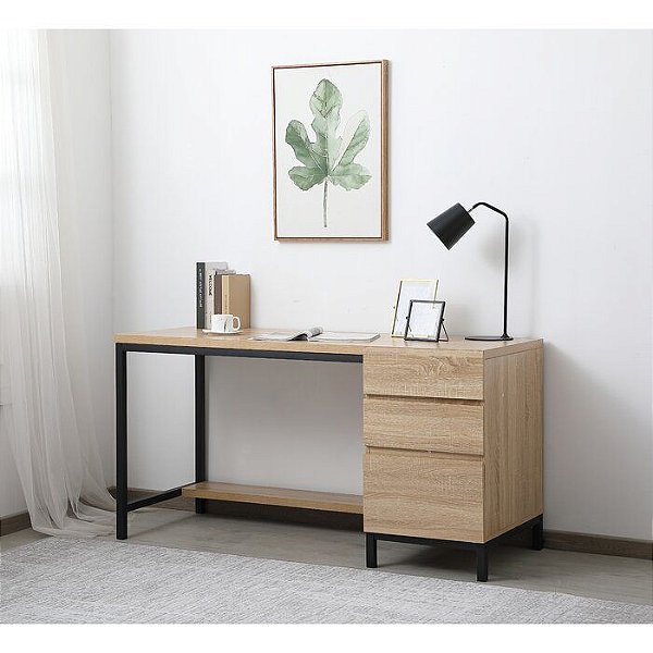 Escrivaninha reta para Home Office com módulo de gavetas em MDF e Metal preto.