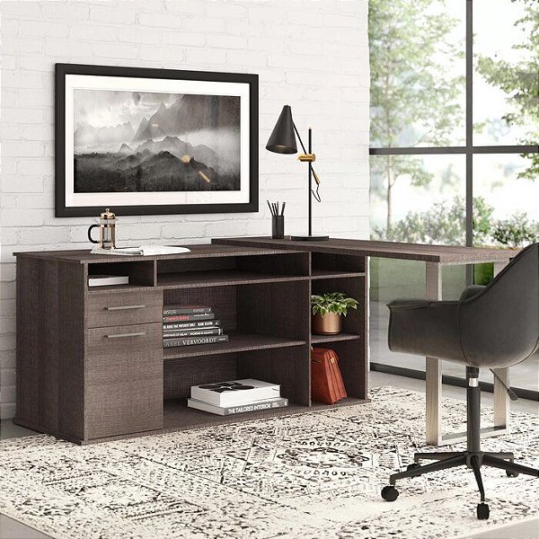 Mesa em L com módulo com porta gavetas e nicho  e mesa para trabalho