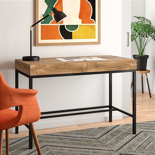 Escrivaninha reta com 2  gavetas em MDF com pés em Metal