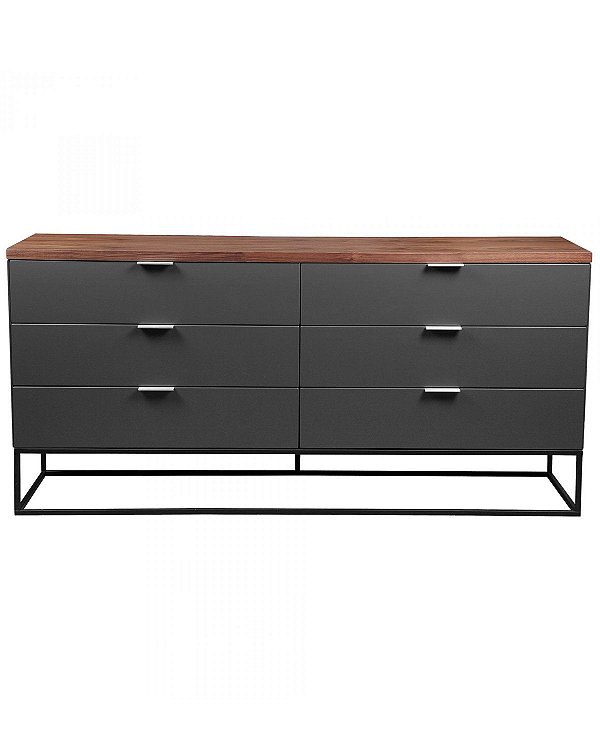 Buffet com gavetas em MDF e base de metal  com tampo madeirado e caixaria escura