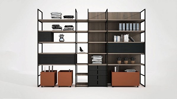 Closet modulado em metal com madeira, gavetas e portas inclusos