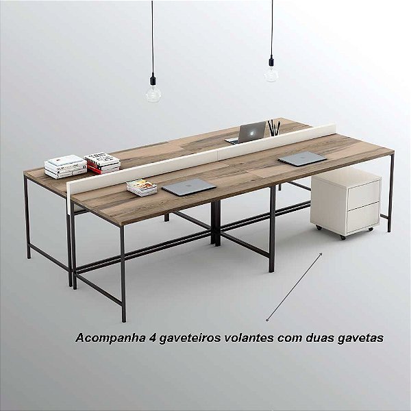Plataforma de trabalho com 4 lugares e 4 gaveteiros volantes
