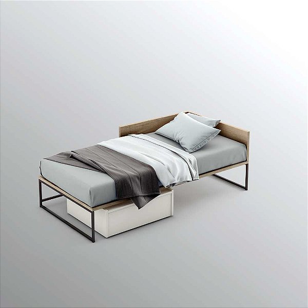 Cama de solteiro com cabeceira em formato de L e base em metal