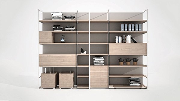 Estante de MDF e metal modulada com prateleiras, gavetas e baú.