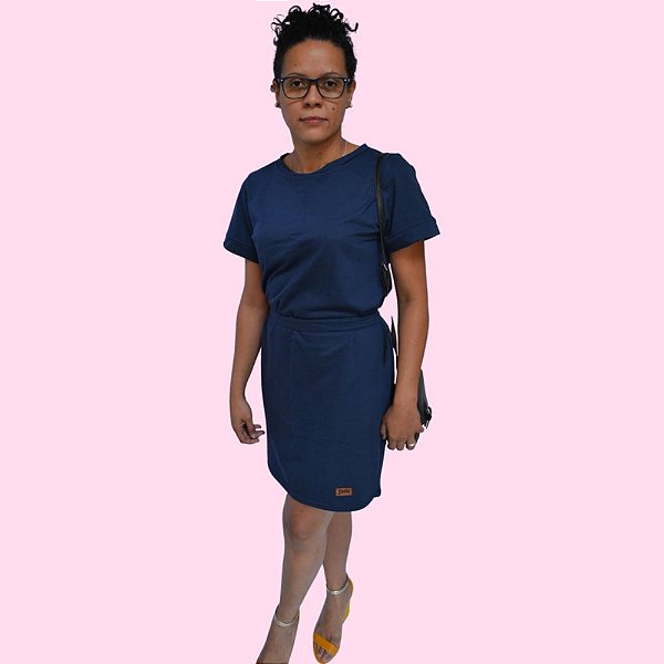 Vestido Gola Redonda Com Cinta em Moletinho Azul