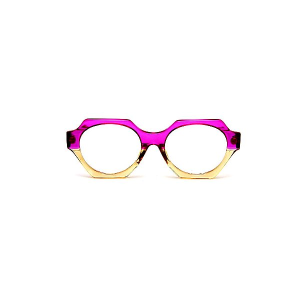 Óculos de Grau Gustavo Eyewear G72 2 nas cores violeta translúcido e âmbar, hastes violeta.