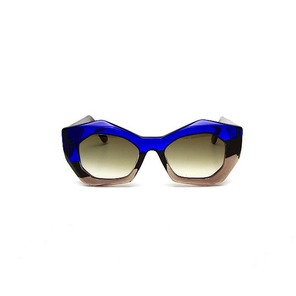 Óculos de Sol Gustavo Eyewear G108 3. Cor: Azul translúcido, preto e fumê. Haste preta. Lentes cinza.
